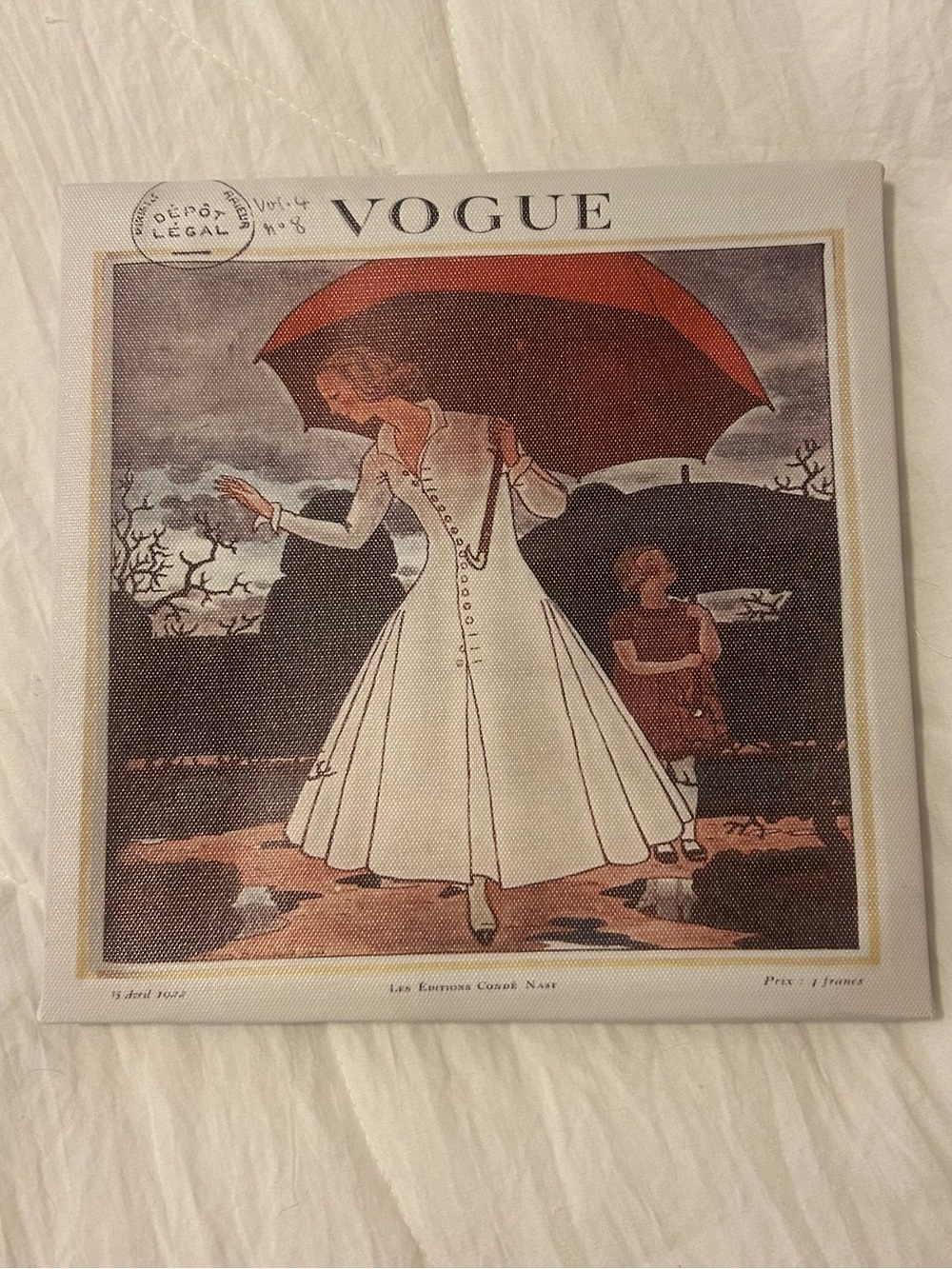 Vogue Illustration Print with Red Umbrella and White Dress